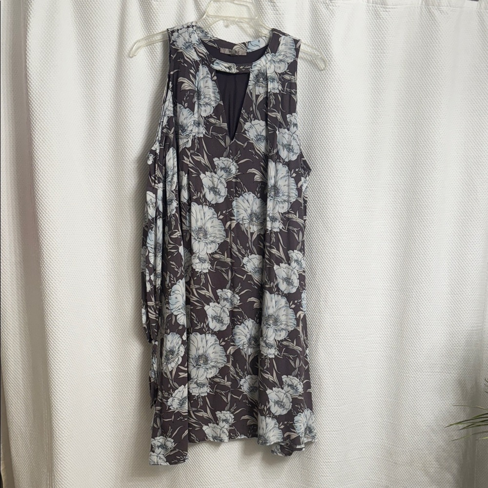 Miss Me Cold Shoulder Gray and Blue Floral Mini Dress